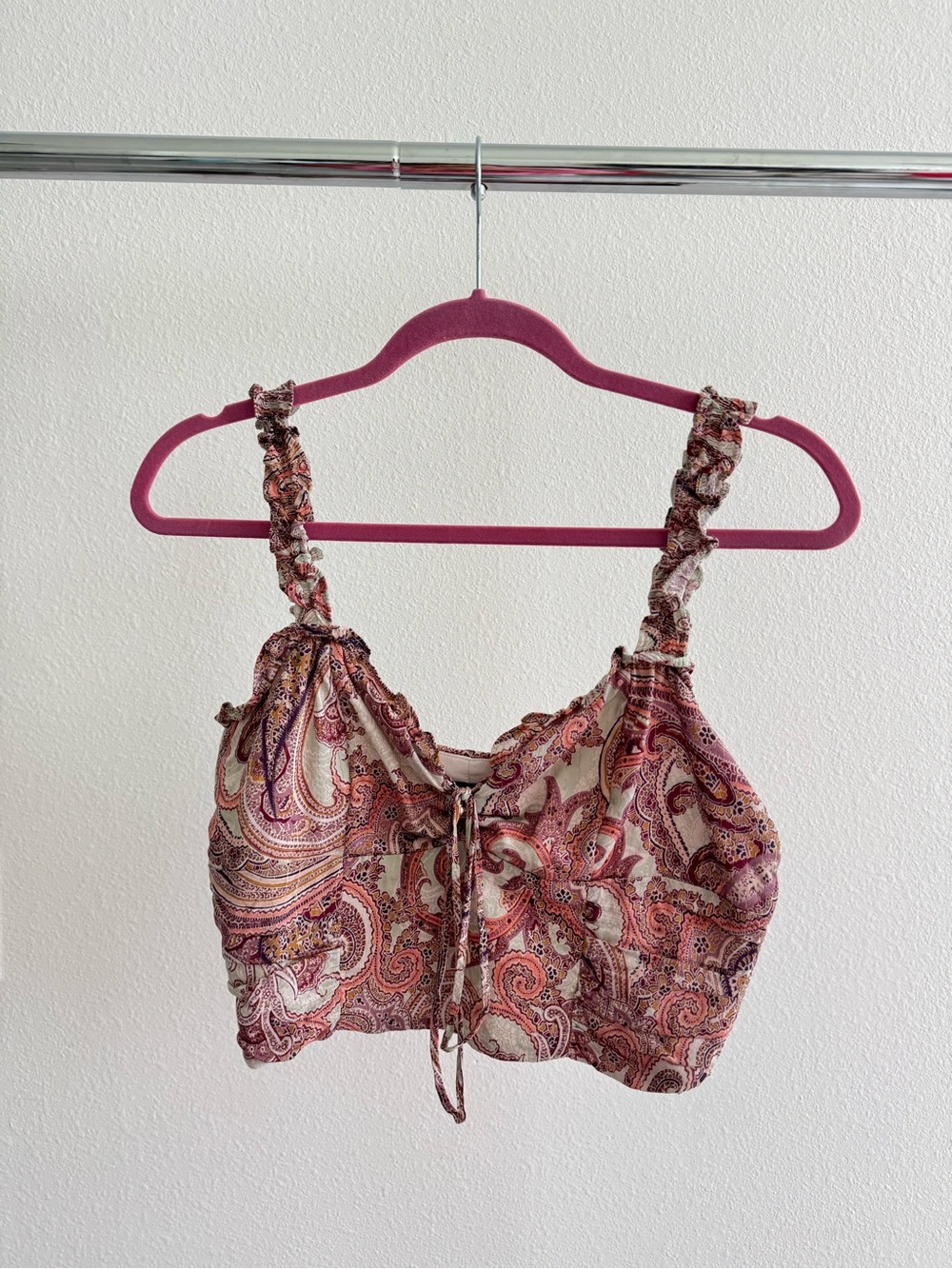 Paisley Tie-Front Ruffle-Strap Cropped Tank Top - Pink & Cream